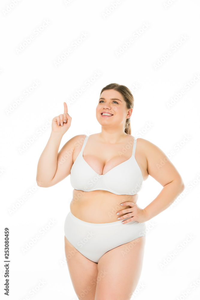 smiling overweight girl in underwear showing idea sign isolated on white, body positivity concept smiling overweight girl in underwear showing idea sign isolated on white, body positivity concept