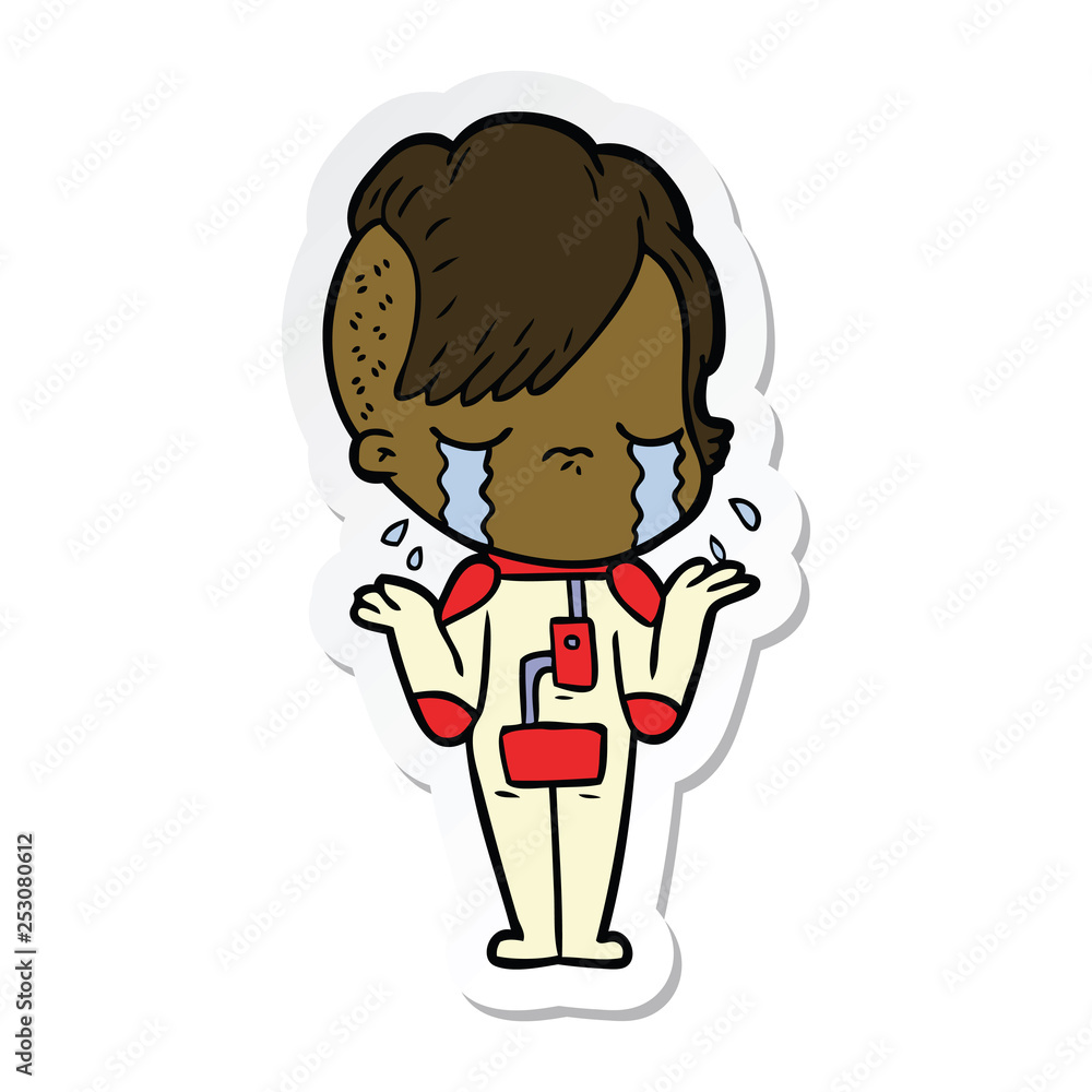 sticker of a cartoon crying girl wearing space clothes sticker of a cartoon crying girl wearing space clothes