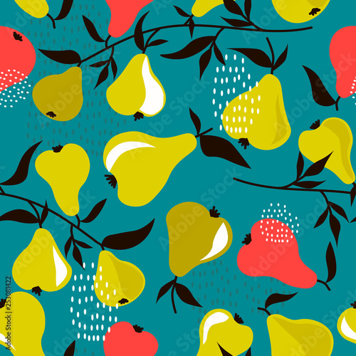 Pears background. Hand drawn overlapping backdrop. Colorful wallpaper vector. Seamless pattern with fruits collection. Decorative illustration, good for printing. Design poster