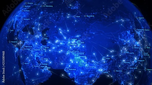 Global Communications over Asia and Europe. Arrows Fly Slowly Between Cities. Global Connections over Asia and Europe. Blue and Slow Version. Global Flight Connections. Flight Paths. 