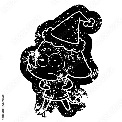 cartoon distressed icon of a unsure elephant wearing santa hat