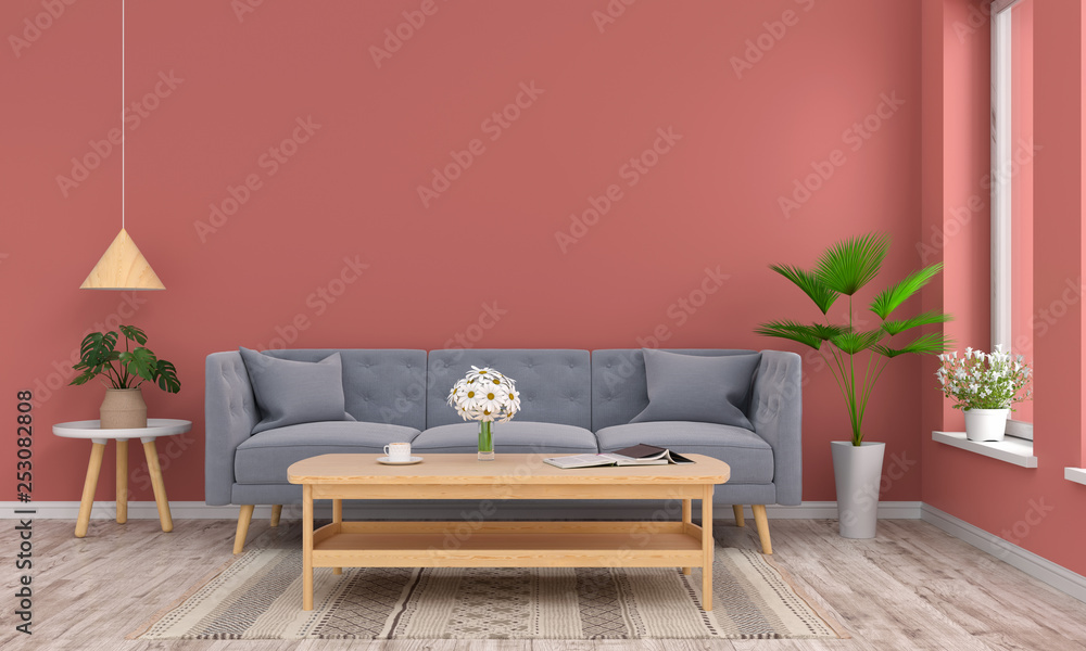 Fototapeta premium Sofa and wood table in living room,3D rendering