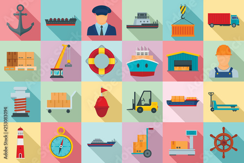 Marine port icons set. Flat set of marine port vector icons for web design