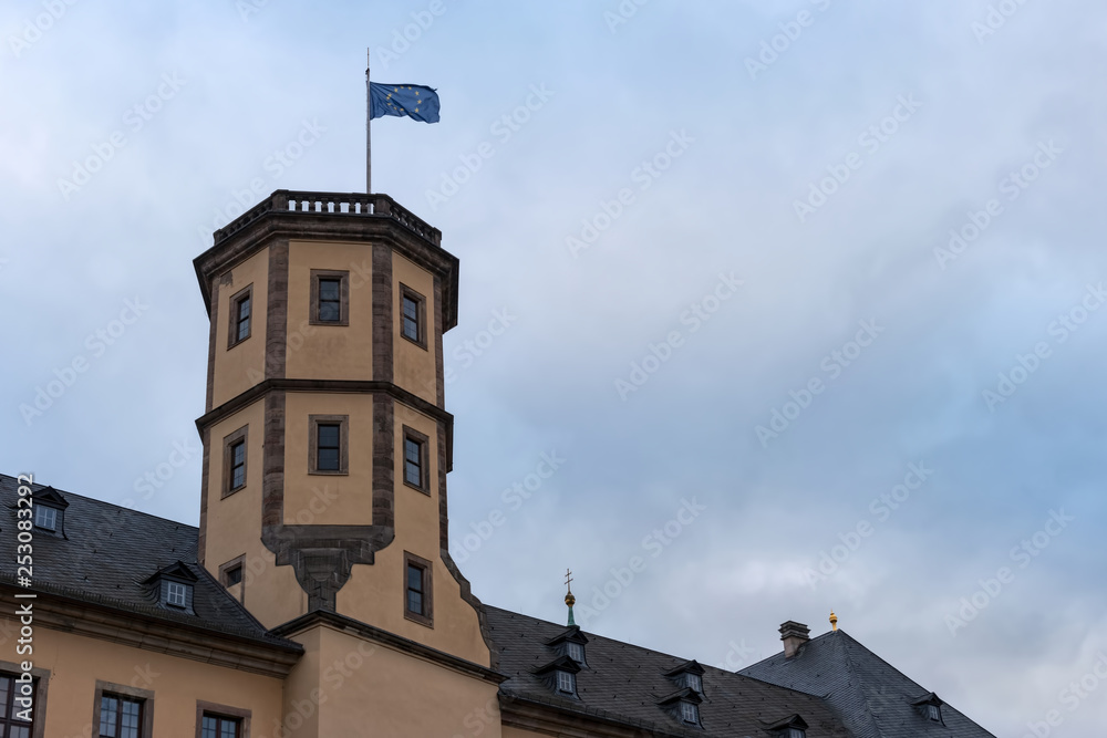 E.U. flag waving on the top of the Fulda castle-tower