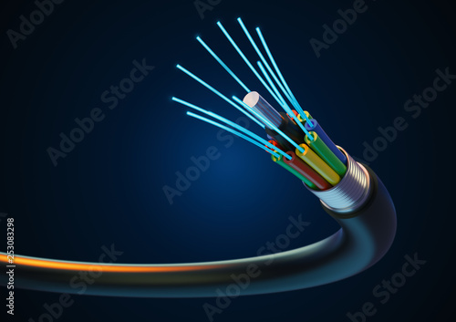 Fiber Optic future Cable technology on dark Background. photo