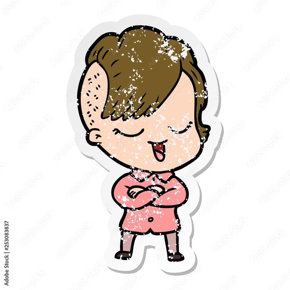 distressed sticker of a happy cartoon girl distressed sticker of a happy cartoon girl