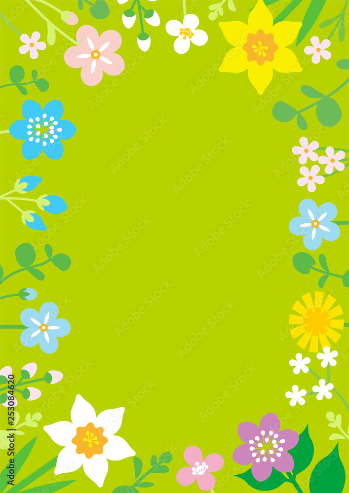 Round frame of Colorful Wildflowers - Vertical layout, green color background