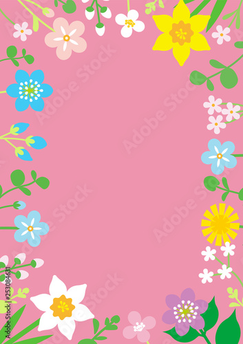 Round frame of Colorful Wildflowers - Vertical layout, Pink color background