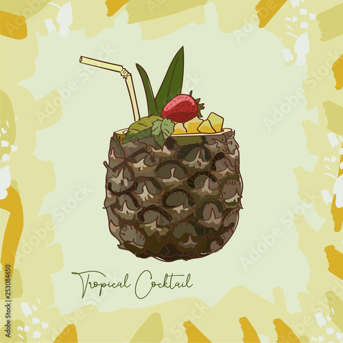 Exotic Tropical or Pina Colada summer cocktail illustration. Alcoholic bar drink hand drawn vector. Pop art