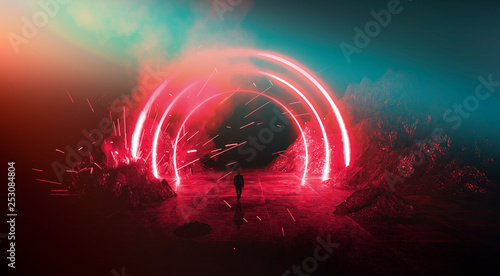Space futuristic landscape. Fiery meteorites, sparks, smoke, light arches. Dark background with light element in the center. Silhouette of a man, a reflection of neon lights.  3d rendering.