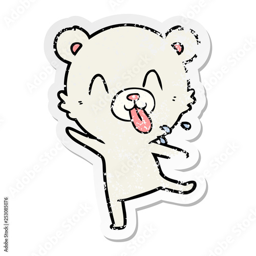 distressed sticker of a rude cartoon polar bear sticking out tongue