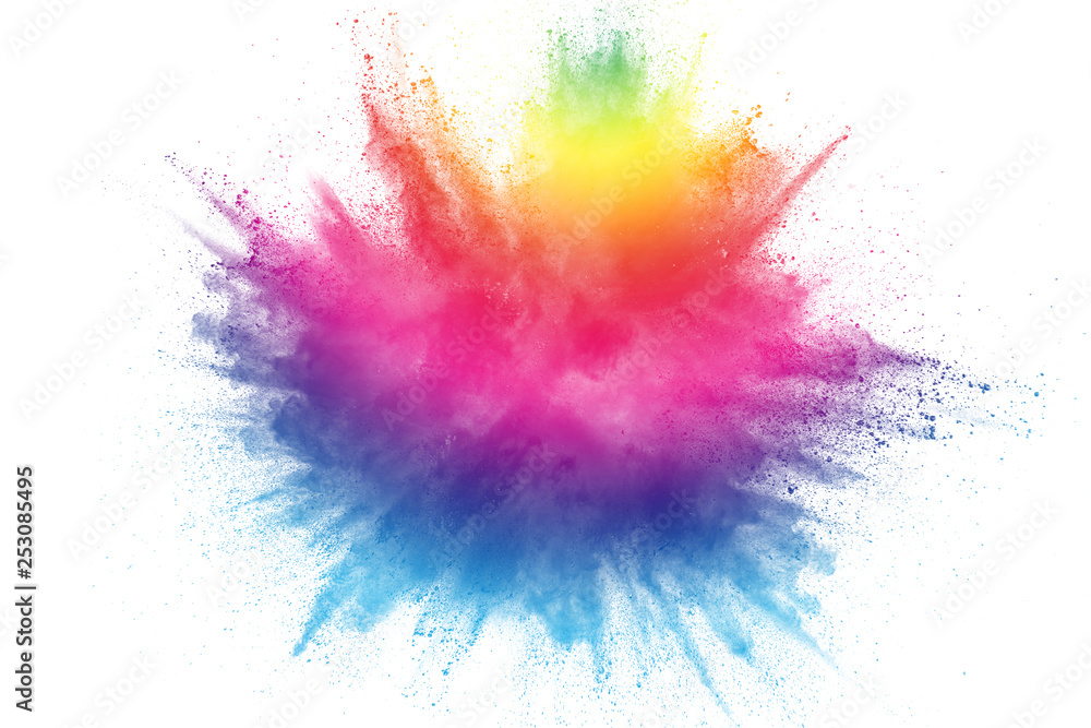 Multicolored particles explosion on white background. Colorful dust splatter on white background. - obrazy, fototapety, plakaty 