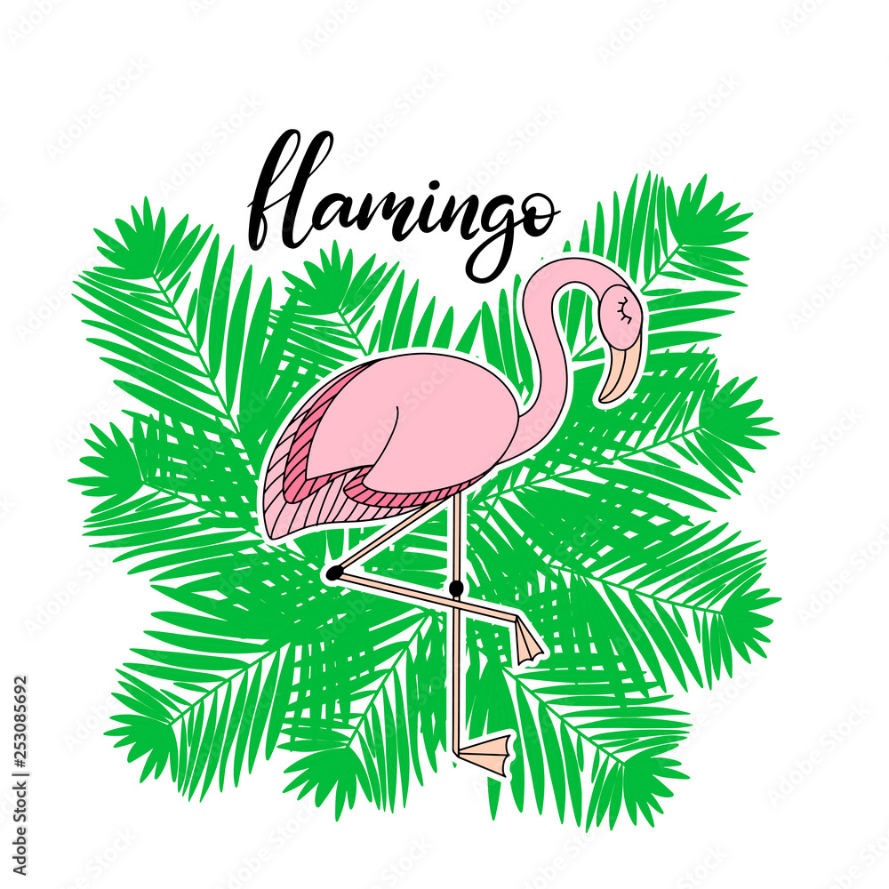 Fototapeta premium Flamingo, tropical leaves lettering illustration
