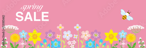 Lined up Colorful Wildflowers and honey bee, including words "spring SALE" - header ratio, pink color background