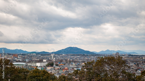 Panoramic, scenic landscape view with beautifully textured clouds that can be seen from Hikone Castle, located in the city of Hikone in Shiga Prefecture, Japan. © MyPixelDiaries