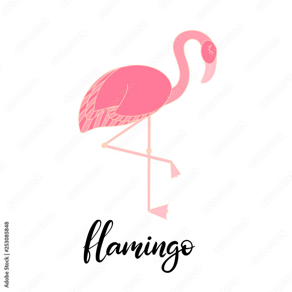 Fototapeta premium Flamingo, tropical leaves lettering illustration