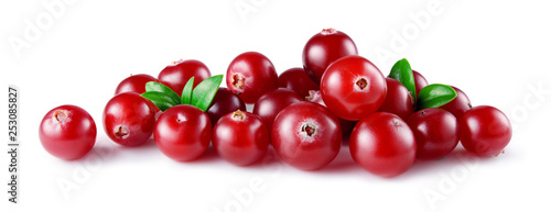 Cranberry with leaves isolated. Cranberries on white. Full depth of field.