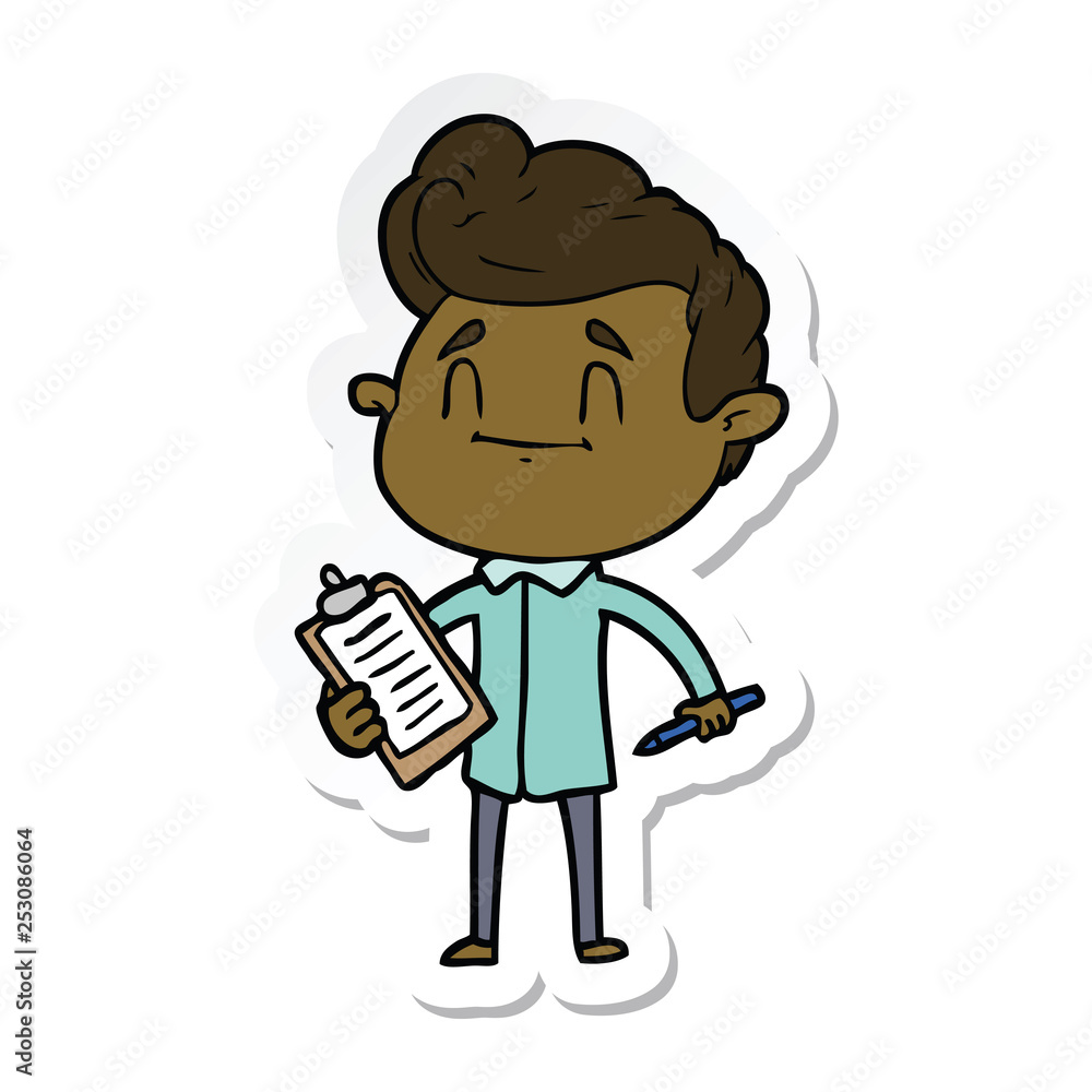 sticker of a happy cartoon man with pen and clipboard