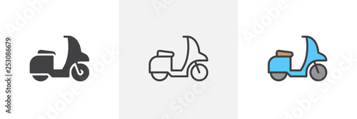 Scooter bike icon. Line, moped glyph and filled outline colorful version, Motorcycle, motorbike outline and filled vector sign. Symbol, logo illustration. Different style icons set. Pixel perfect 