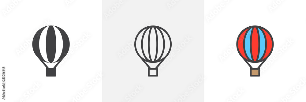Naklejka premium Hot air balloon icon. Line, glyph and filled outline colorful version, Airship transport outline and filled vector sign. Symbol, logo illustration. Different style icons set