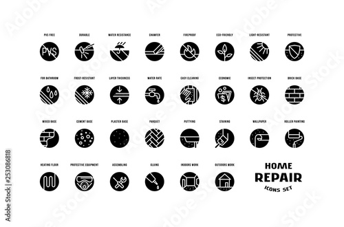 Home repair and building set of round icons