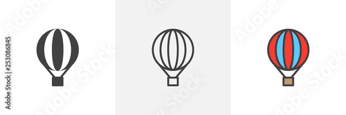 Hot air balloon icon. Line, glyph and filled outline colorful version, Airship transport outline and filled vector sign. Symbol, logo illustration. Different style icons set