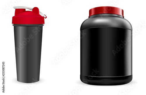 Black Sport Bottle, Shaker. Whey Portein Container 3d Pack. Plastic Can for Workout Gainer. Realistic Gym Blender Jar. Energy Box Blank. Bodybuilding Supplement Canister with Cap.