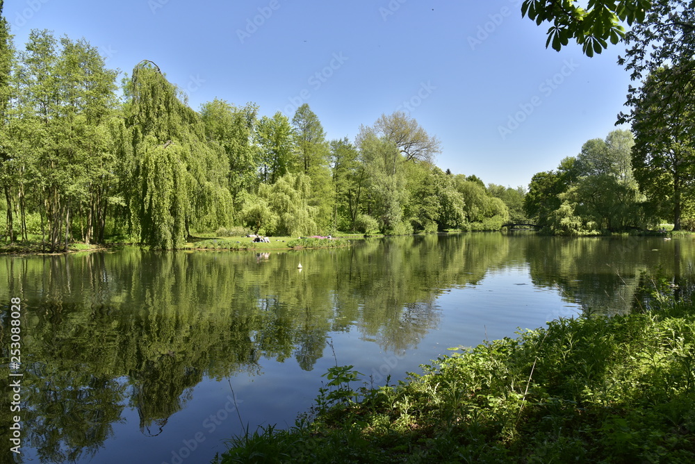 L'un des grands étangs et son reflet entouré d'une végétation luxuriante dans le bois du domaine provincial du Rivierenhof à Anvers