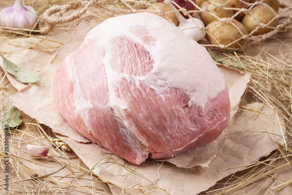 Raw pork meat - ham, butt or shoulder. Fresh meat.
