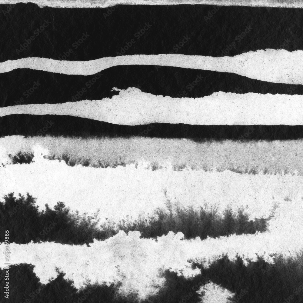 Obraz Abstract ink landscape hand drawn illustration. Watercolor black and white winter landscape with river. Minimalistic hand drawn illustration. Ink black and white abstract background with strips.