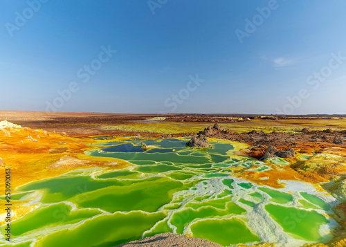 Hot springs bring mineral up to the surface and create fantastic colorful ponds and terraces at Dallol volcano in Danakil Depression of Ethiopia. photo