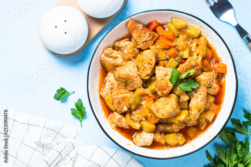 Chicken stew with vegetables, top view.