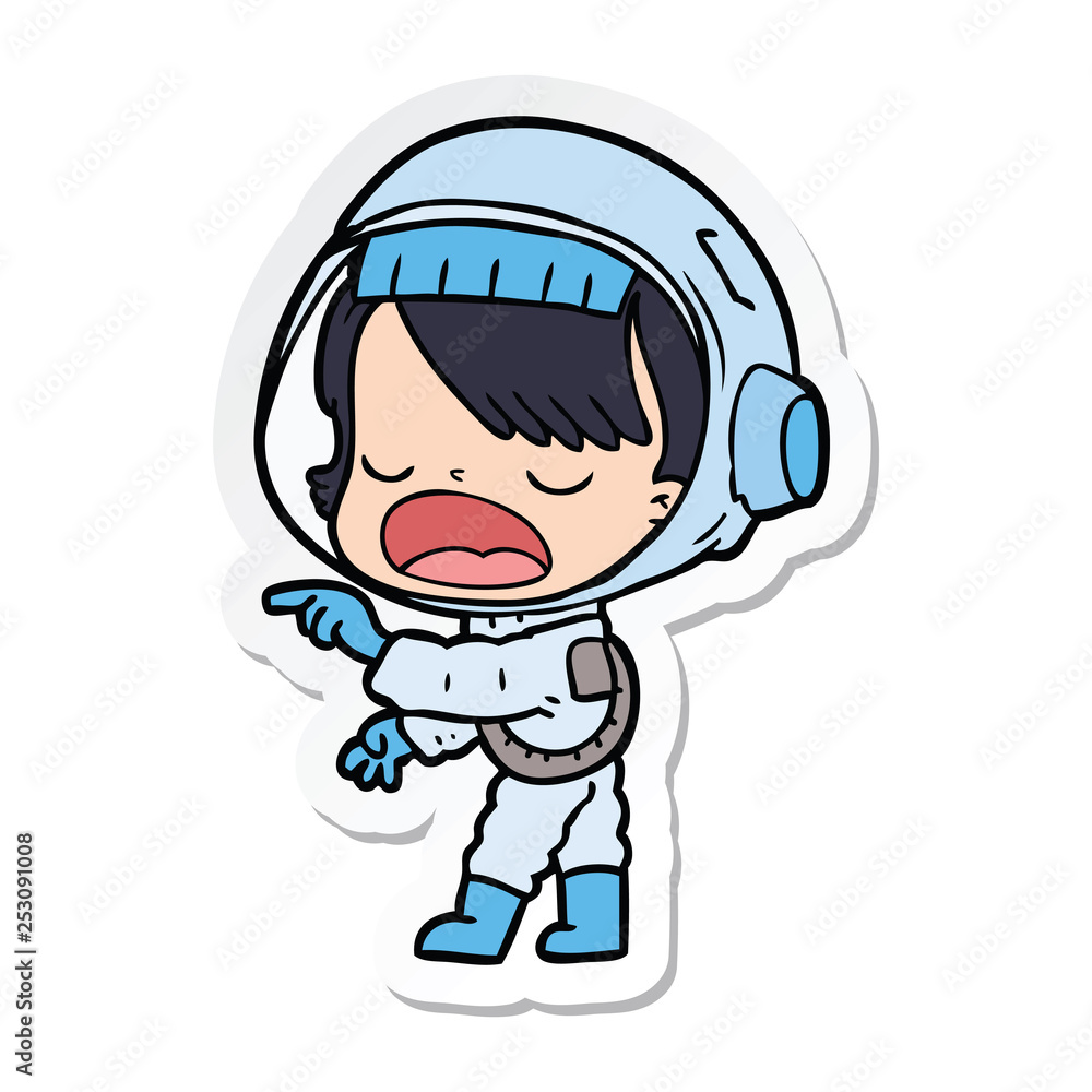 sticker of a cartoon astronaut woman pointing and talking sticker of a cartoon astronaut woman pointing and talking