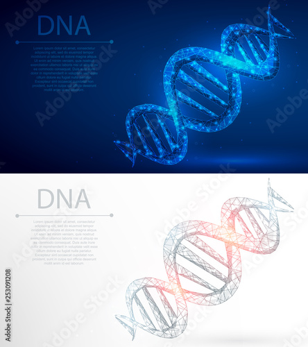 DNA polygonal mechanism abstract background. The isolated concept of medical science, genetic biotechnology consists of low poly wireframe, geometry triangle, lines, dots, polygons, shapes.