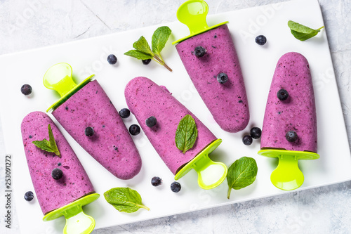 Blueberry ice cream popsicles hamemade top view. photo