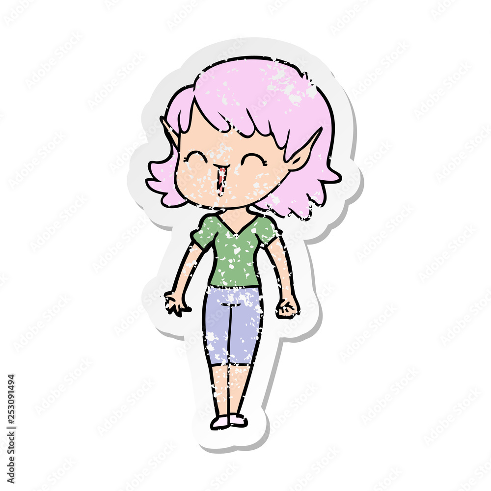 distressed sticker of a cartoon elf girl distressed sticker of a cartoon elf girl
