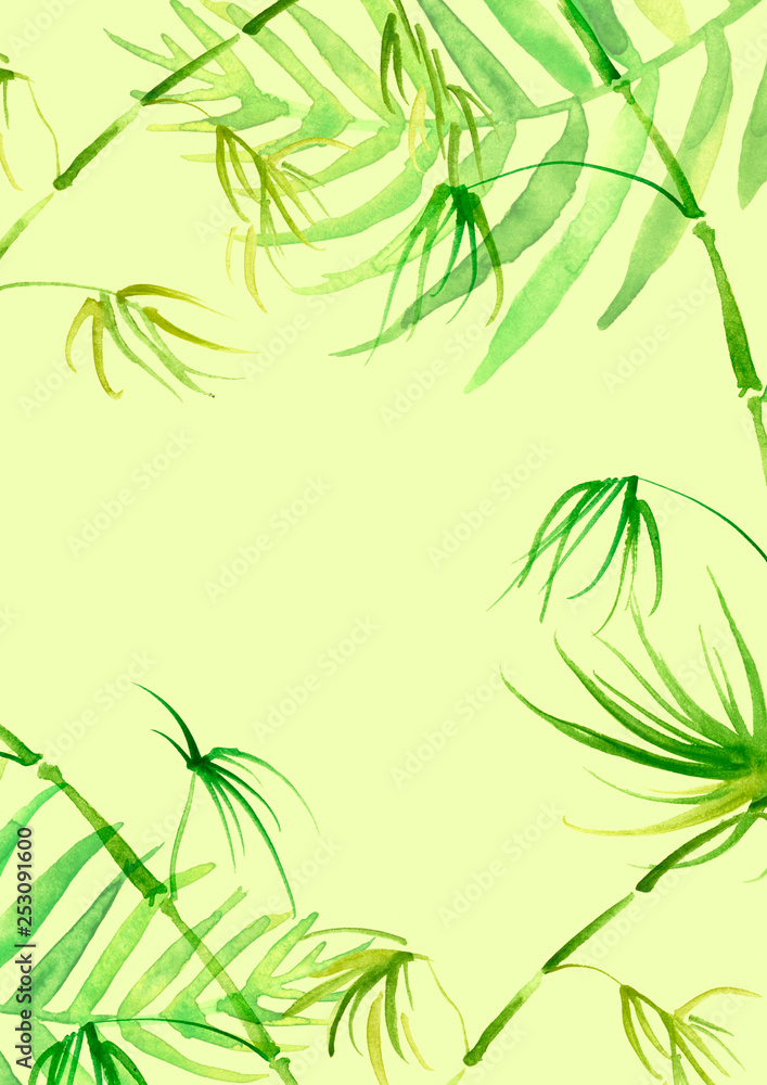 Obraz premium Watercolor frame tropical leaves and branches isolated. Palm leaf background, postcard. Green tropical palm leaf, bamboo. Illustration for design wedding invitations, greeting cards, postcards 