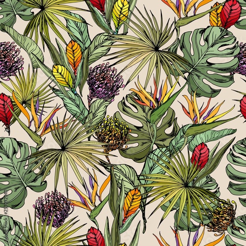 Slika na platnu Seamless pattern with exotic strelitzia and bromeliad flowers