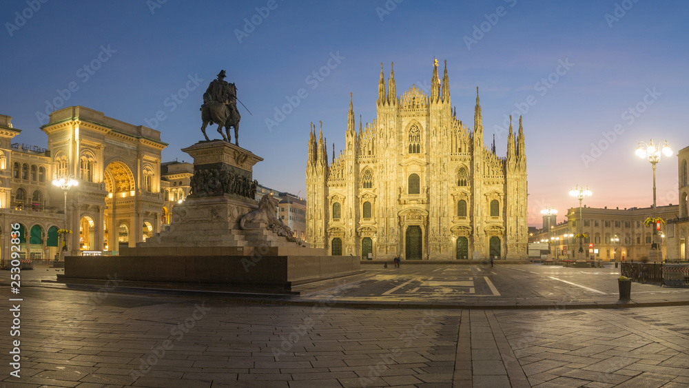 Panorama of Duomo di Milano - The Cathedral of Milan at first sunlight