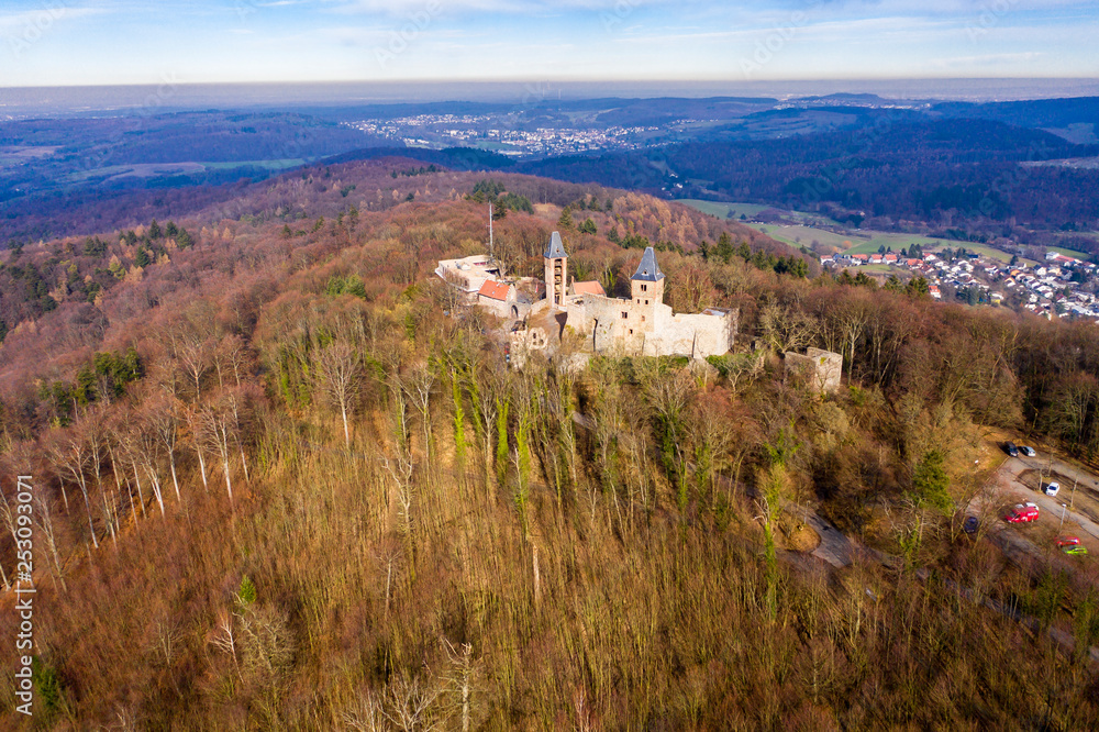 Aerial view, Frankenstein Castle, Eberstadt, Odenwald, Hesse, Germany, Feb 2019