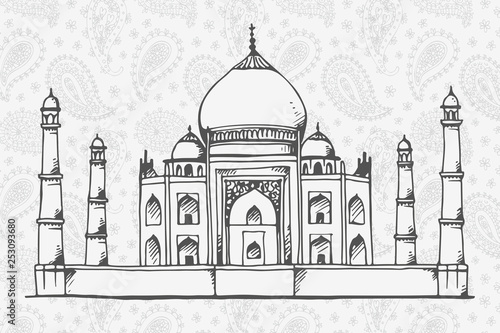 Hand drawn Taj Mahal, paisley background