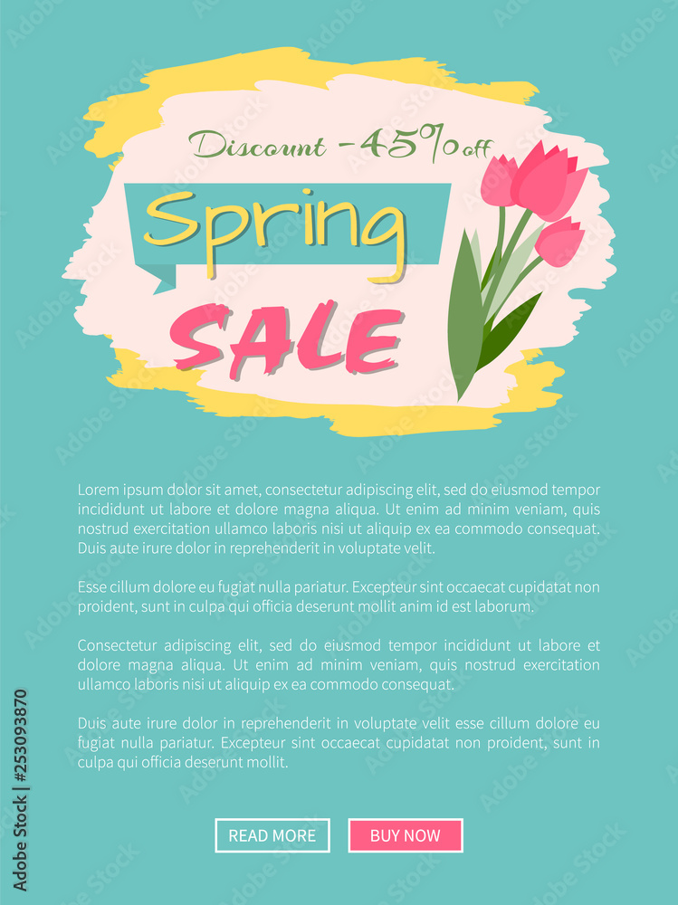 Spring sale, discount 45 percent off, webpage decorated by pink tulips, shopping online. Website with links buy and read now, springtime prices vector