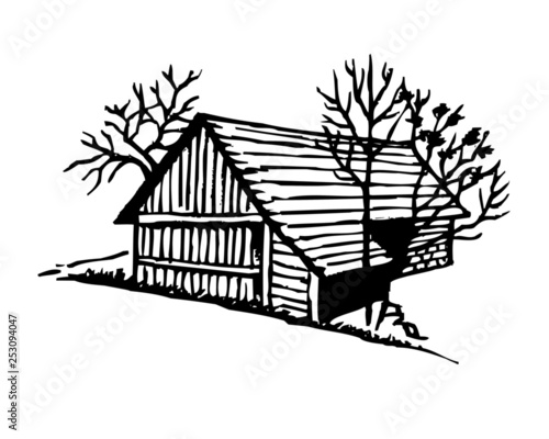 Wooden barn with trees, countryside animal farm black and white icon