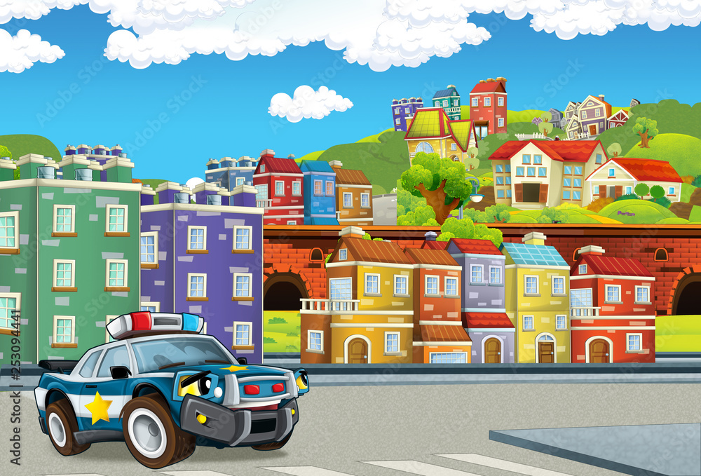 cartoon scene with police car patrolling city streets - illustration for children