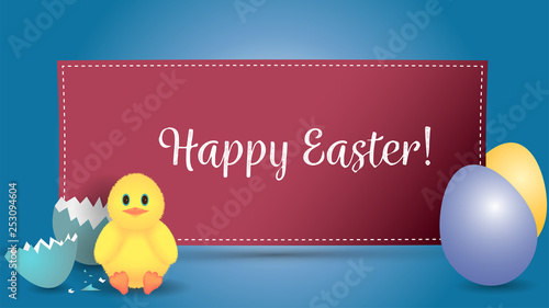 Yellow chicken hatched from an Easter egg. Vector Easter greeting banner