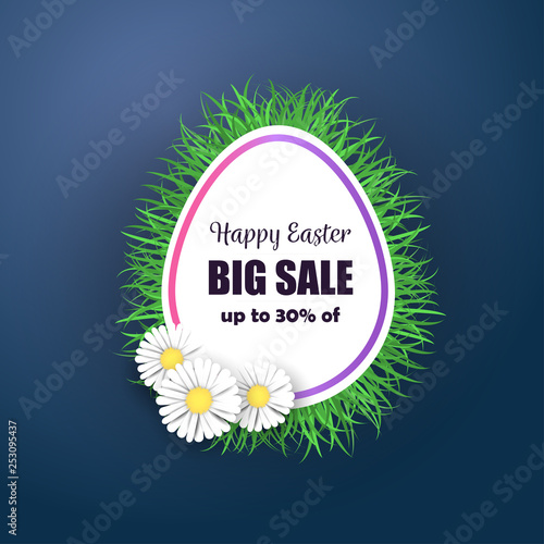 Easter sale background with egg and spring flower. Vector illustration
