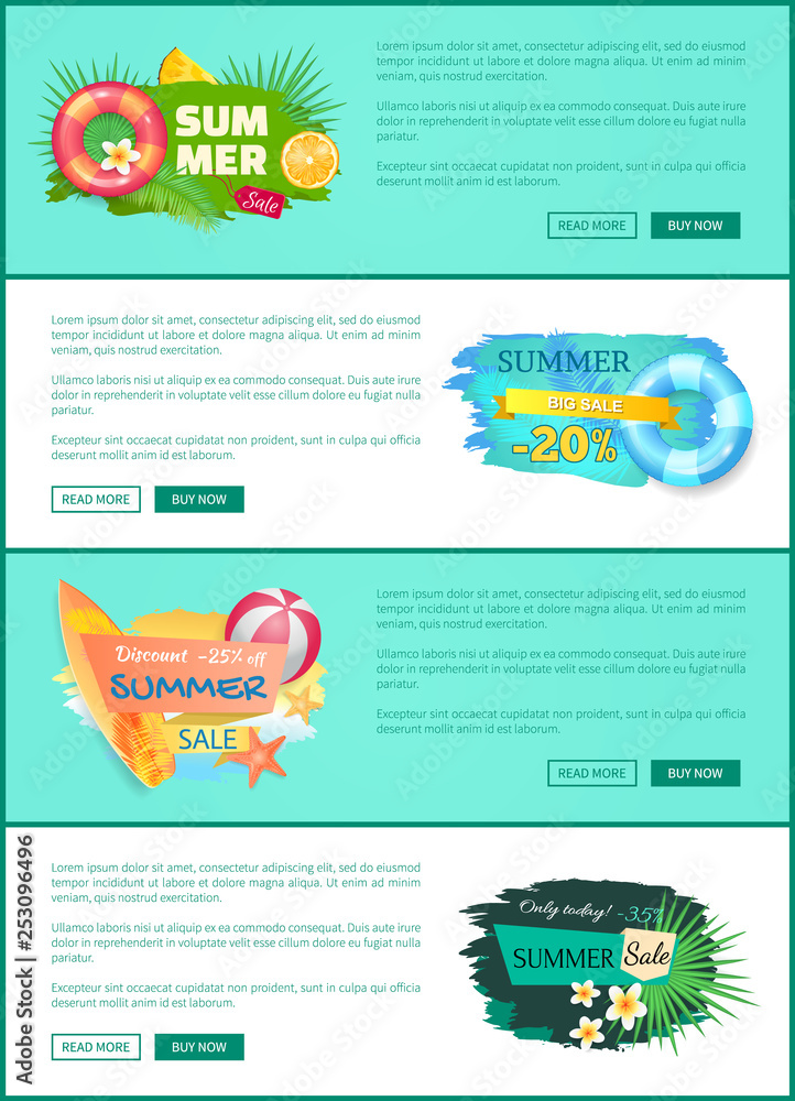 Naklejka premium Summer sale offers set of poster with text sample. Lifeline and lifebuoy with flowers and tropical leaves. Surfboard and game ball propositions vector