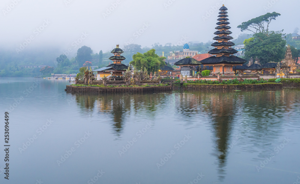 Reflection view of Pura Ulan Danu Bratan a famous picturesque landmark and a significant temple on the shores of Lake Bratan in Bali, Indonesia.