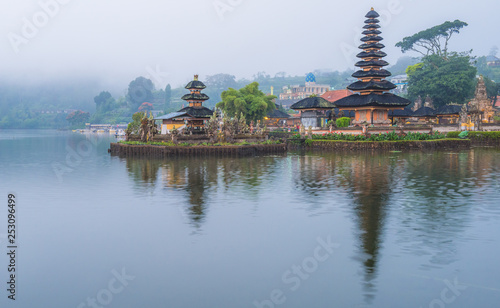 Reflection view of Pura Ulan Danu Bratan a famous picturesque landmark and a significant temple on the shores of Lake Bratan in Bali  Indonesia.