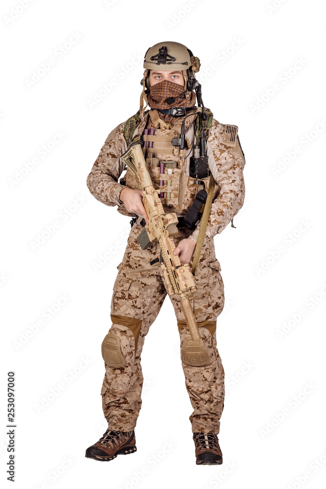 Special forces soldier with rifle on white background. army, military and people concept Special forces soldier with rifle on white background. army, military and people concept